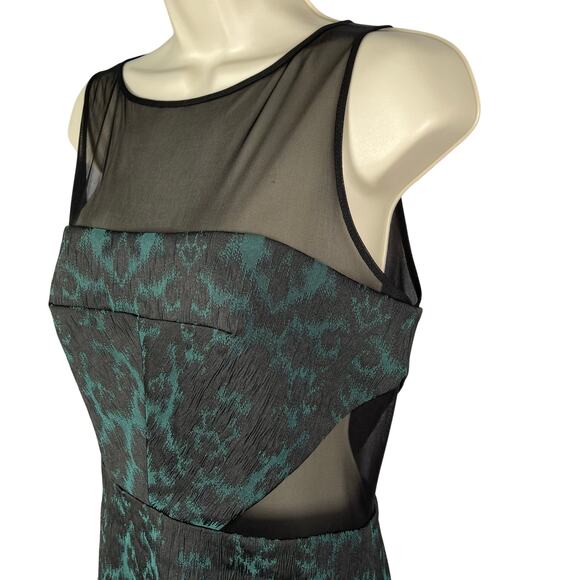 Badgley Mischka Dress 6 Green Black Damask Illusion Neck Sides Sheath Cocktail - Picture 4 of 14